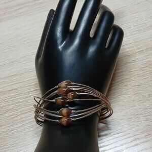 Vintage Silver Tone Brown Glass Bead Bracelet Cuff Costume jewelry #28